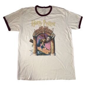 Vintage style Harry Potter Ringer T-shirt Cream & Maroon Graphic Tee Size Large